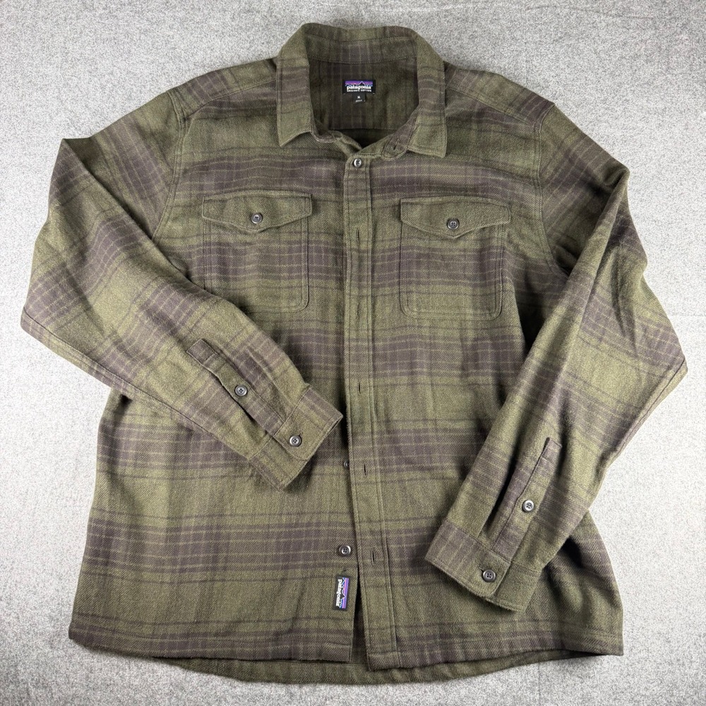 Patagonia Mens Fjord Flannel Shirt XL Olive Green Brown Plaid